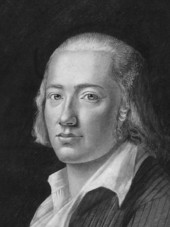 Das Schwarz-weiß Bild zeigt ein gemaltes Portrait von Hölderlin. 