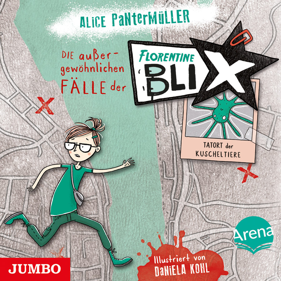 Illustriertes Cover mit hellem Hintergrund, auf dem eine stilisierte Kartenstruktur dargestellt ist. Oben steht in grüner Schrift der Name „Alice Pantermüller“. Links steht in roter Schrift „Die außergewöhnlichen Fälle der“, daneben ein Schild mit der Aufschrift „Florentine Blix“. Rechts daneben ist ein Bildausschnitt mit der Aufschrift „Tatort der Kuscheltiere“ zu sehen. Im unteren linken Bereich ist ein Mädchen mit Brille und zusammengebundenen Haaren dargestellt, das in grüner Kleidung läuft und eine kleine Tasche über der Schulter trägt. Unten rechts steht „Illustriert von Daniela Kohl“.