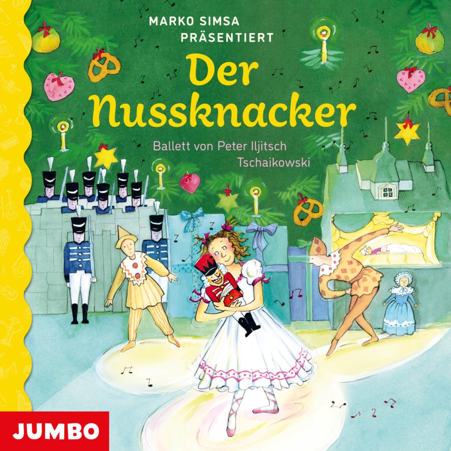 Illustriertes Cover mit grünem Hintergrund, der mit weihnachtlichen Motiven wie Kerzen, Sternen, Herzen und Gebäck verziert ist. Oben steht in heller Schrift „Marko Simsa präsentiert“, darunter in großer gelber Schrift der Titel „Der Nussknacker“ sowie „Ballett von Peter Iljitsch Tschaikowski“. Im unteren Bildbereich ist eine Bühnenszene dargestellt: In der Mitte tanzt ein Mädchen im weißen Kleid und hält eine Nussknacker-Figur in den Armen. Links stehen mehrere Soldaten in Uniform sowie eine Figur im Kostüm, rechts tanzt eine weitere Figur in gemustertem Kostüm, daneben ist eine kleine Bühne mit Figuren im Hintergrund zu sehen.