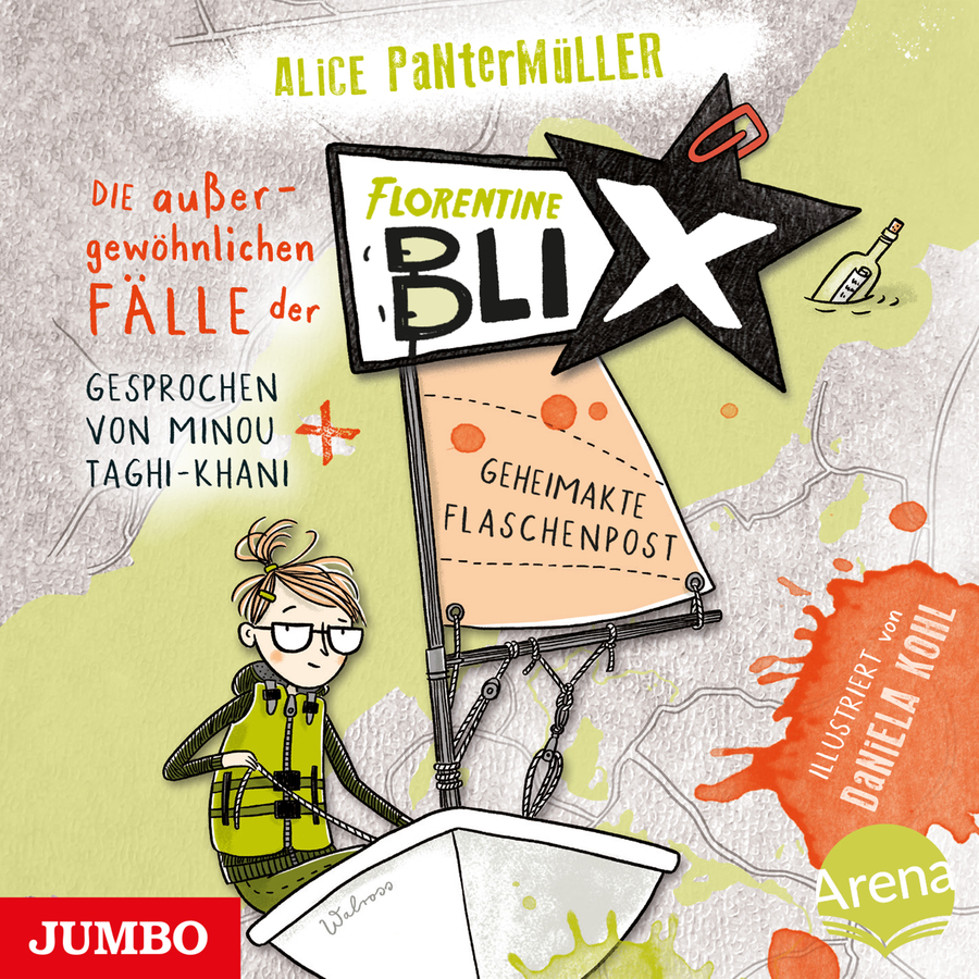 Illustriertes Cover mit hellem Hintergrund und angedeuteter Kartenstruktur. Oben steht in grüner Schrift der Name „Alice Pantermüller“. Links steht in orangefarbener Schrift „Die außergewöhnlichen Fälle der“, daneben ein Schild mit der Aufschrift „Florentine Blix“. Darunter steht „Gesprochen von Minou Taghi-Khani“. In der Mitte ist ein kleines Boot mit Segel dargestellt, auf dem ein Mädchen mit Brille und zusammengebundenen Haaren sitzt; sie trägt eine grüne Weste und hält ein Seil. Auf dem Segel steht der Titel „Geheimakte Flaschenpost“. Rechts ist eine kleine Flasche im Wasser zu sehen. Unten rechts steht „Illustriert von Daniela Kohl“.