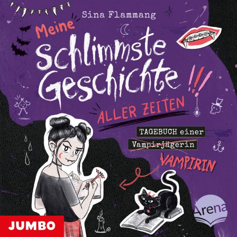 „Meine schlimmste Geschichte aller Zeiten – Tagebuch einer Vampirjägerin Vampirin“ von Sina Flammang: Illustriertes Cover in Violett- und Schwarztönen mit handschriftlich gestalteten Textelementen und kleinen Zeichnungen. Im unteren linken Bereich steht ein Mädchen mit dunklen Haaren, die zu zwei Dutts gebunden sind. Sie hält ein Notizbuch und einen Stift in den Händen und blickt über die Schulter nach hinten. An ihren Eckzähnen sind kleine Vampirzähne zu erkennen. Rechts unten sitzt eine schwarze Katze mit grünen Augen auf einem aufgeschlagenen Buch. Ein Pfeil mit der Beschriftung „VAMPIRIN“ zeigt auf die Katze. Über das Cover verteilt sind kleine Motive wie Fledermäuse, ein Vampirgebiss mit Zahnspange, eine Spinne, ein Anker, eine Kerze, ein Geist sowie weitere Kritzeleien. Oben steht der Name „Sina Flammang“. Der Titel lautet „Meine schlimmste Geschichte aller Zeiten“. Darunter steht „Tagebuch einer Vampirjägerin“, wobei das Wort „Vampirjägerin“ durchgestrichen ist. Unten links befindet sich das Logo „JUMBO“, unten rechts das Logo „Arena“.