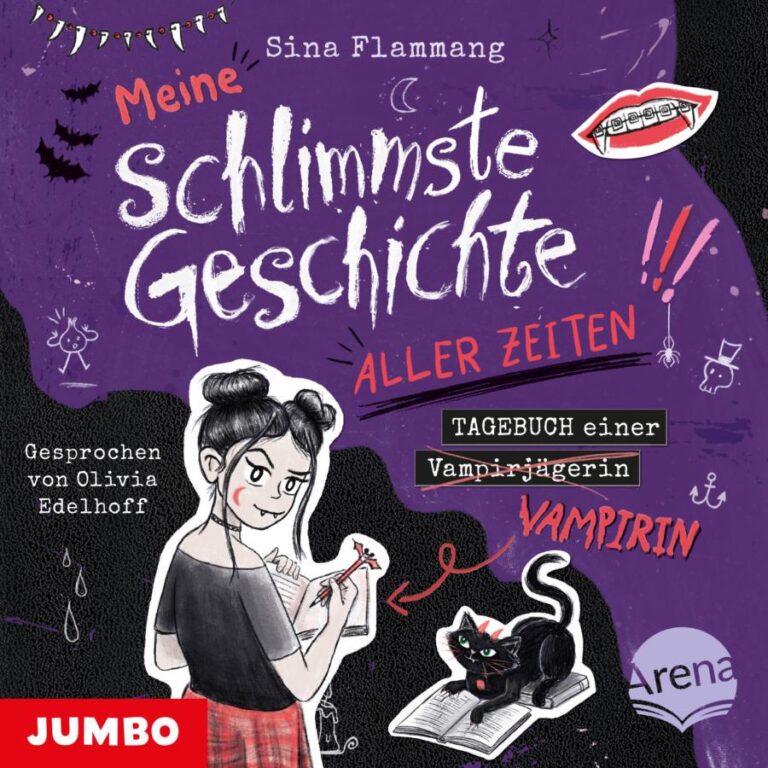 „Meine schlimmste Geschichte aller Zeiten – Tagebuch einer Vampirjägerin Vampirin“ von Sina Flammang: Illustriertes Cover in Violett- und Schwarztönen mit handschriftlich gestalteten Textelementen und kleinen Zeichnungen. Im unteren linken Bereich steht ein Mädchen mit dunklen Haaren, die zu zwei Dutts gebunden sind. Sie hält ein Notizbuch und einen Stift in den Händen und blickt über die Schulter nach hinten. An ihren Eckzähnen sind kleine Vampirzähne zu erkennen. Rechts unten sitzt eine schwarze Katze mit grünen Augen auf einem aufgeschlagenen Buch. Ein Pfeil mit der Beschriftung „VAMPIRIN“ zeigt auf die Katze. Über das Cover verteilt sind kleine Motive wie Fledermäuse, ein Vampirgebiss mit Zahnspange, eine Spinne, ein Anker, eine Kerze, ein Geist sowie weitere Kritzeleien. Oben steht der Name „Sina Flammang“. Der Titel lautet „Meine schlimmste Geschichte aller Zeiten“. Darunter steht „Tagebuch einer Vampirjägerin“, wobei das Wort „Vampirjägerin“ durchgestrichen ist. Unten links befindet sich das Logo „JUMBO“, unten rechts das Logo „Arena“.