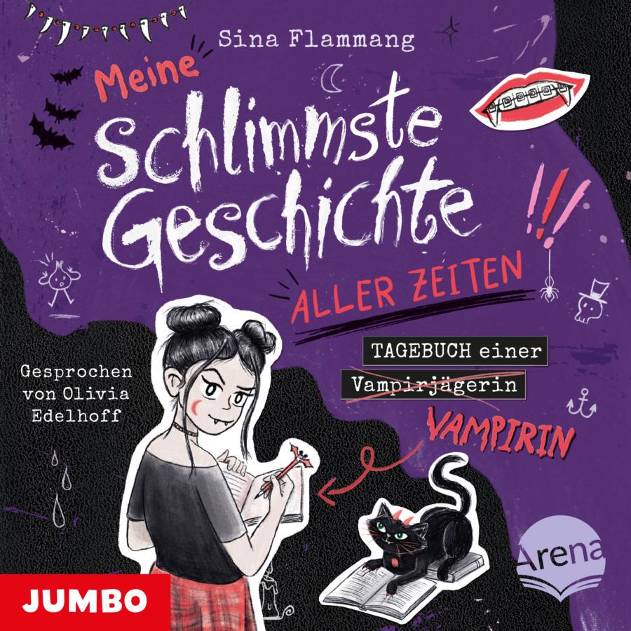 „Meine schlimmste Geschichte aller Zeiten – Tagebuch einer Vampirjägerin Vampirin“ von Sina Flammang: Illustriertes Cover in Violett- und Schwarztönen mit handschriftlich gestalteten Textelementen und kleinen Zeichnungen. Im unteren linken Bereich steht ein Mädchen mit dunklen Haaren, die zu zwei Dutts gebunden sind. Sie hält ein Notizbuch und einen Stift in den Händen und blickt über die Schulter nach hinten. An ihren Eckzähnen sind kleine Vampirzähne zu erkennen. Rechts unten sitzt eine schwarze Katze mit grünen Augen auf einem aufgeschlagenen Buch. Ein Pfeil mit der Beschriftung „VAMPIRIN“ zeigt auf die Katze. Über das Cover verteilt sind kleine Motive wie Fledermäuse, ein Vampirgebiss mit Zahnspange, eine Spinne, ein Anker, eine Kerze, ein Geist sowie weitere Kritzeleien. Oben steht der Name „Sina Flammang“. Der Titel lautet „Meine schlimmste Geschichte aller Zeiten“. Darunter steht „Tagebuch einer Vampirjägerin“, wobei das Wort „Vampirjägerin“ durchgestrichen ist. Unten links befindet sich das Logo „JUMBO“, unten rechts das Logo „Arena“.