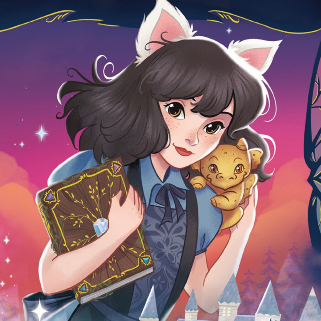 Illustration eines Mädchens mit schulterlangem dunklem Haar und weißen Katzenohren. Sie lächelt leicht und hält ein verziertes Buch, während sie ein kleines, niedliches Tier an sich drückt. Der Hintergrund ist in warmen rosa- und lilafarbenen Tönen gehalten und wirkt märchenhaft.